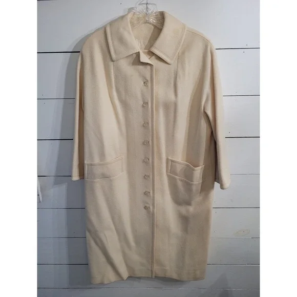 Vintage The Travelaire Cream Wool Button Split Cuff Union Made Dress Coat Sz 16 - Picture 1 of 16
